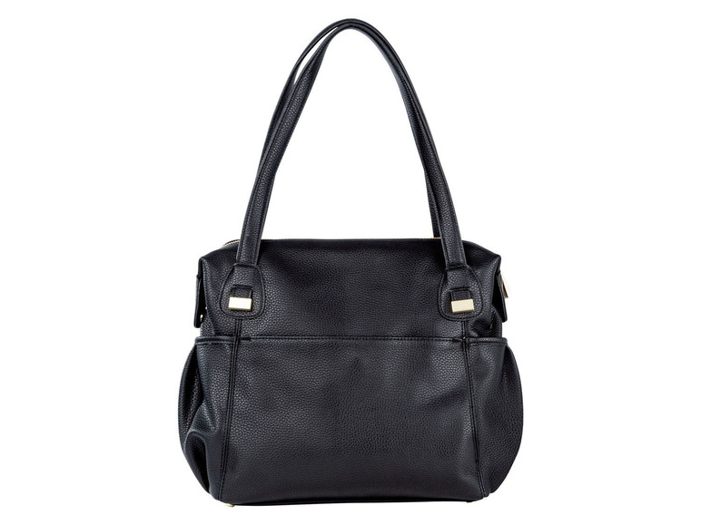 Eine schwarze Lederhandtasche mit goldenen Details.