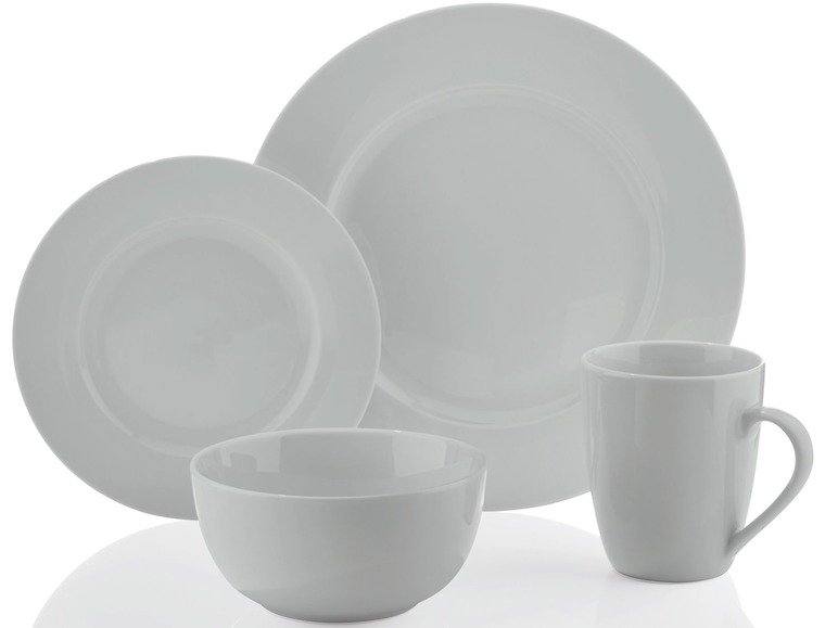 Ein Set mit grauen Tellern, einer Schüssel und einer Tasse.