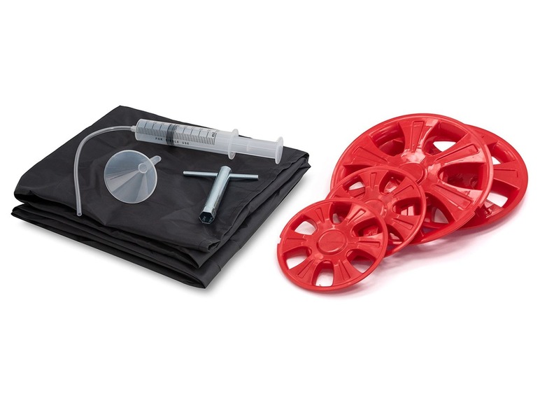 Ein Satz roter Radkappen mit einer schwarzen Schutzhülle, einem Trichter und einer Spritze.