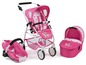Ein rosa Puppenwagen mit passendem Kinderwagen und Autositz, mit Sternen und einem Prinzessinnen-Thema.