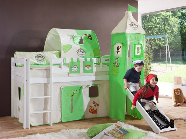 Gehe zu Vollbildansicht: Relita Spielbett Hochbett Kinderbett ALEX mit Rutsche/Turm/Tunnel Buche massiv weiß lackiert mit Stoffset - Bild 13