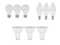 Drei Philips Lampen, darunter Glühbirnen, Kerzenlampen und GU10-Lampen.