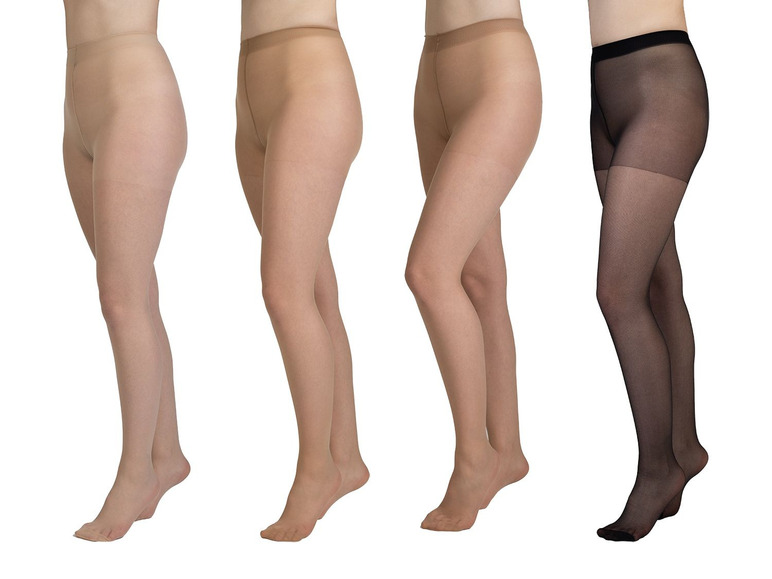 Beige und schwarze Strumpfhosen auf weißem Hintergrund.