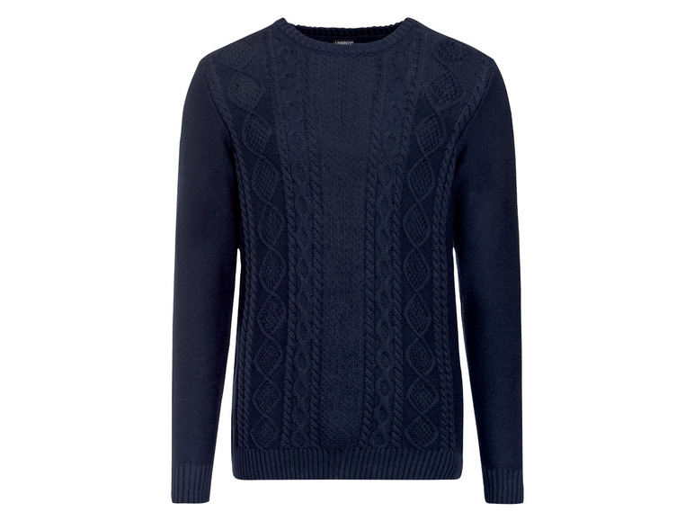 Ein dunkelblauer Pullover mit Zopfmuster.