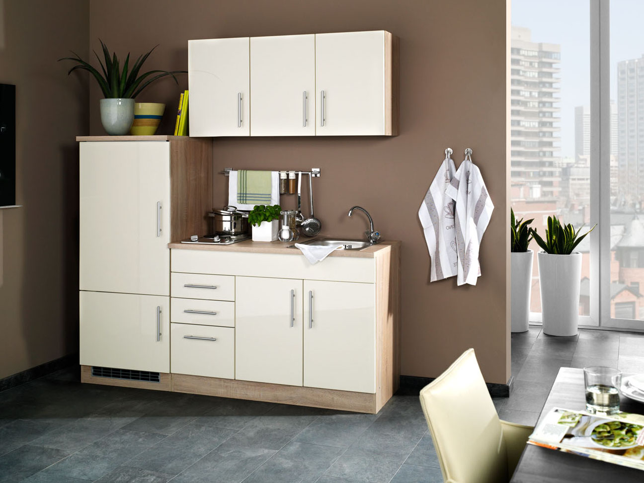 HELD Single Küche Torino 100/120/160/180/190/210cm (Hochglanz-Creme / Eiche-Sonoma, Breite 180cm) | 04251639433875