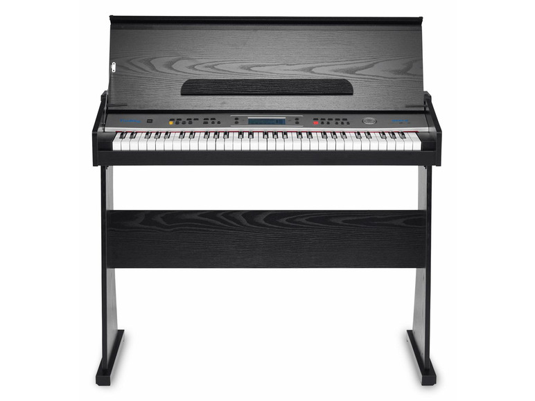 Ein schwarzes digitales Klavier mit 88 Tasten und einem eingebauten Ständer.