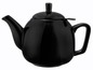 Eine schwarze Teekanne mit integriertem Teesieb.