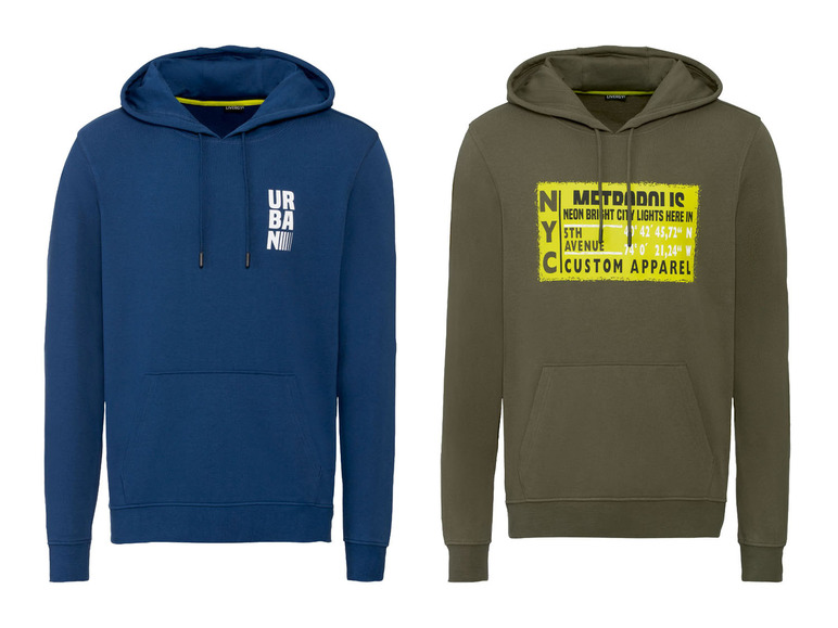 Zwei Hoodies mit urbanen Prints: ein blauer mit 'urban' und ein grüner mit New York City-Thema.