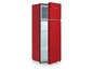 Ein roter Severin Kühlschrank mit zwei Türen.