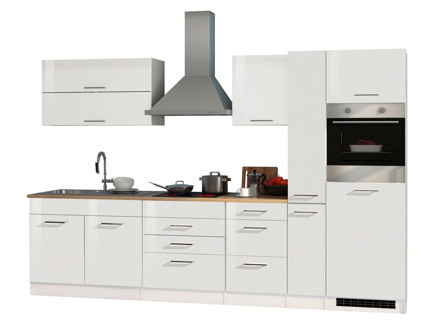 HELD Küchenzeile Mailand 220-390cm (inkl. E-Geräte, Hochglanz-weiß/eiche sonoma, 320 cm) | 04251639434926