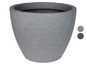 Ein runder, grauer Blumentopf aus Kunststoff.
