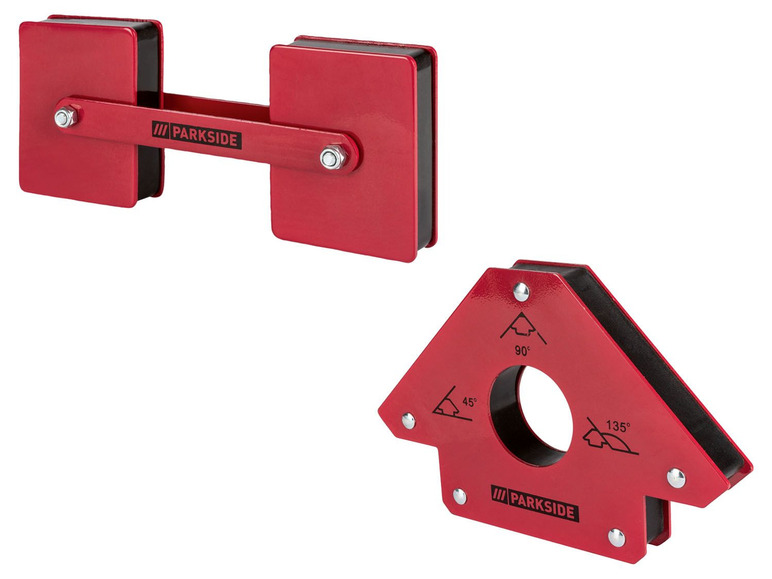 Zwei rote magnetische Winkel von Parkside, darunter ein Winkel mit verschiedenen Winkeln.