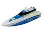 Ein blaues und weißes RC-Boot mit Polizeidesign.