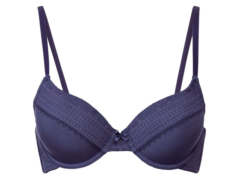 Ein dunkelblauer BH mit Spitze und breiten Trägern.