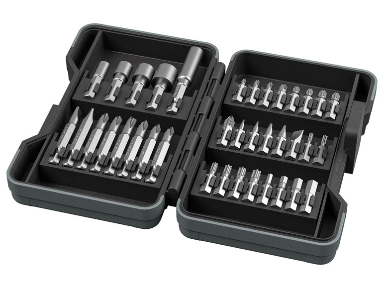 Ein Werkzeugset mit verschiedenen Schraubendrehern und Bits in einer Aufbewahrungsbox.