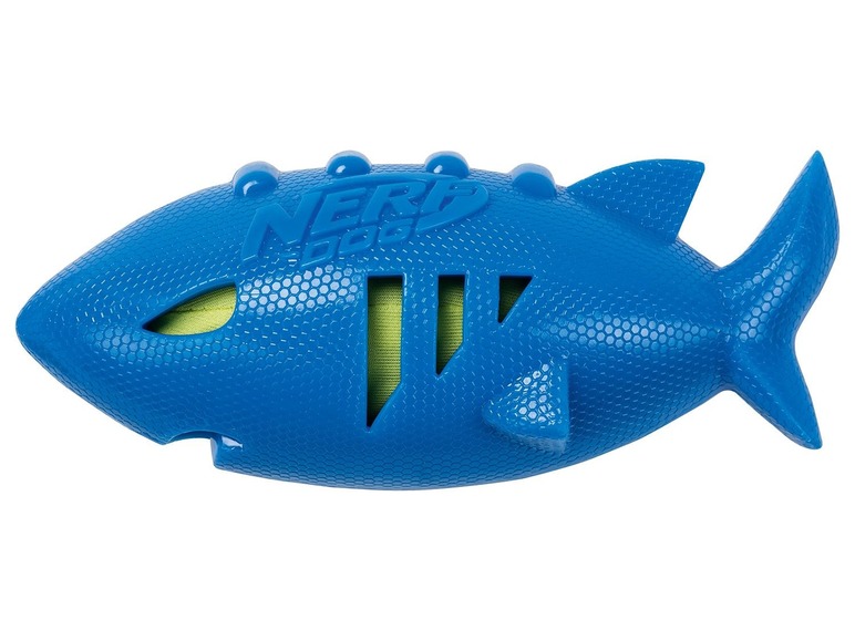 Ein blauer Nerf Dog Hai-Ball für Hunde