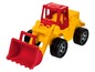Ein gelber und roter Spielzeug-Traktor mit Schaufel.