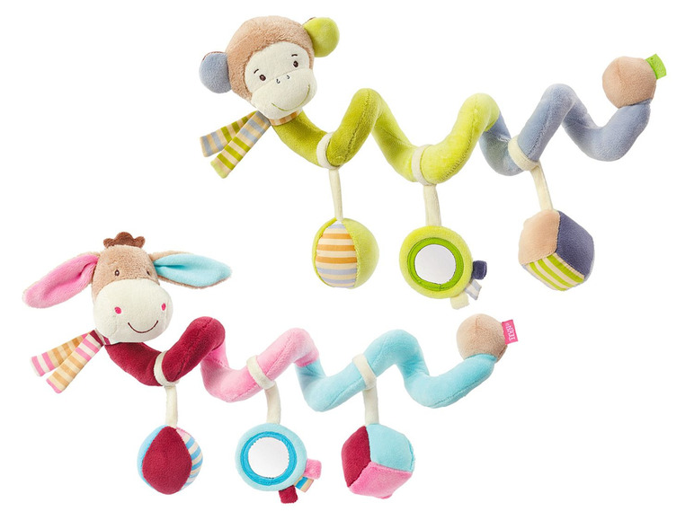 Zwei Fisher-Price Babyspielzeugspiralen mit einem Affen und einem Esel