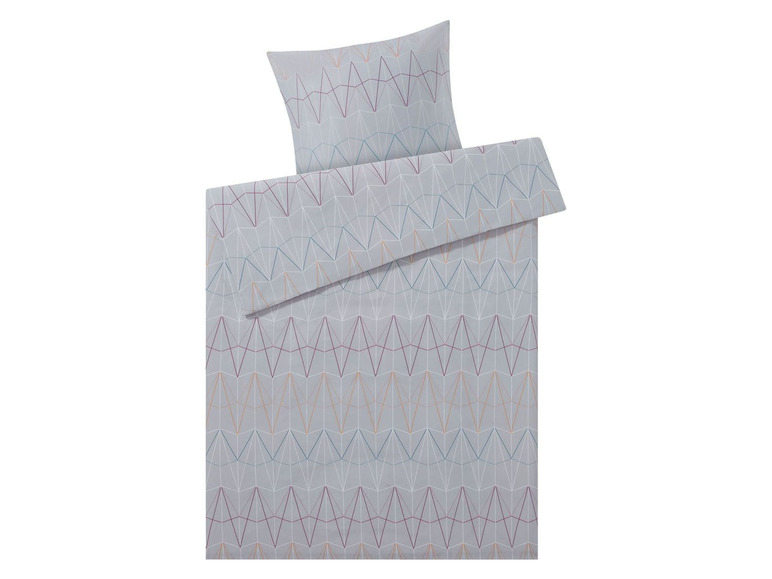 Grauer Bettbezug mit geometrischem Muster.