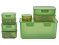 Ein Set grüner Aufbewahrungsbehälter, einschließlich einer großen Box und kleinerer Behälter.