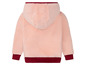 Ein rosa Fleece-Hoodie mit roten Details.