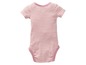 Ein rosa gestreiftes Baby-Body mit kurzen Ärmeln.