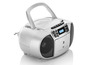 Ein silbernes Dual tragbares Radio mit CD-Player, MP3-Player, USB-Anschluss und Kassettendeck.