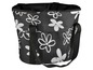 Eine schwarze Tasche mit weißem Blumendruck und zwei Henkeln.