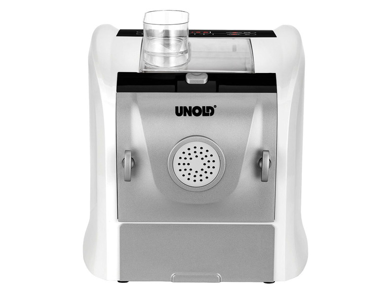 Eine weiße Unold Nudelmaschine mit einem Glasbehälter.