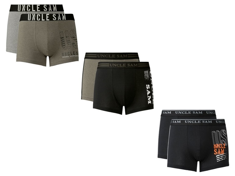 Drei Paar Uncle Sam Boxershorts in Grau und Schwarz.