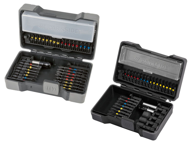 Zwei Parkside Werkzeugkästen mit verschiedenen Schraubendreherbits.