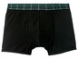 Schwarze Boxershorts mit grün-grauem Karomuster am Bund.