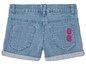 Blaue Jeans-Shorts mit einem rosafarbenen Ananas-Motiv und Streifen.