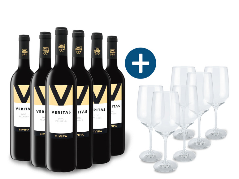 Gehe zu Vollbildansicht: 6 x 0,75-l-Flasche Weinpaket Veritas Palmela DOC trocken, Rotwein mit 6er Rotwein-Gläserset Ernesto - Bild 1