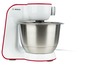 Eine weiße Bosch Küchenmaschine mit einer Edelstahlschüssel.