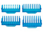 Vier blaue Aufsätze für den Rasierer mit verschiedenen Längen.
