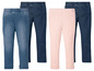 Zwei Paar blaue Jeans und ein Paar rosafarbene Leggings.