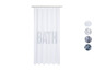 Weiße Duschvorhang mit dem Schriftzug 'BATH'.