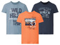 Drei T-Shirts mit Outdoor-Thema: 'Wild Hike' in Neuseeland, 'Grand Tour' und 'Worldwide Adventures'.