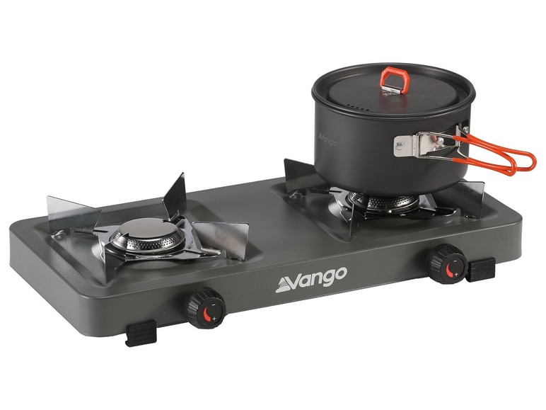 Ein Vango Zwei-Flammen-Gaskocher mit Topf.