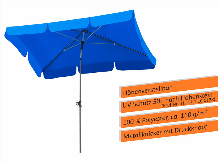 Ein blauer Sonnenschirm mit UV-Schutz 50+.