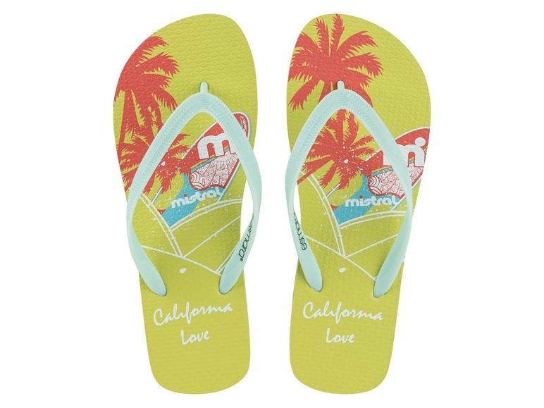 Gelbe Flip-Flops mit Palmenprint und 'California Love'-Aufdruck.