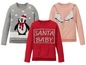 Drei Weihnachtspullover mit Pinguin, Schlittschuhen und 'Santa Baby'