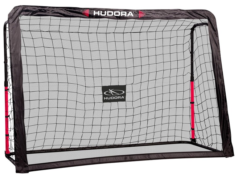 Ein schwarzes Fußballtor mit roten Akzenten der Marke Hudora.