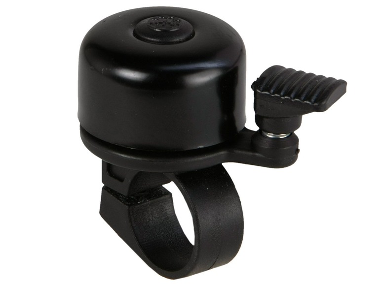 Schwarze Fahrradklingel mit Halterung.