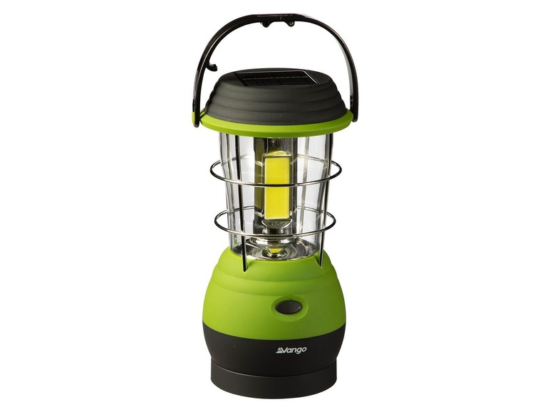 Eine grüne Vango Solarlampe mit einem Metallkäfig.