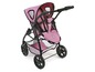 Ein rosa Kinderwagen mit Tragetasche und Einkaufskorb.