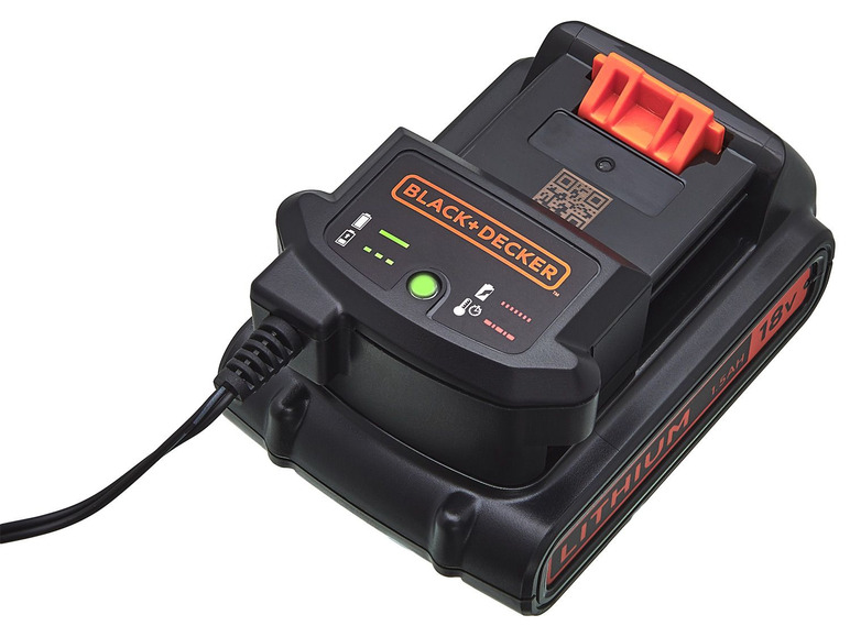 Ein schwarzes Black+Decker 18V Lithium-Ionen-Ladegerät.