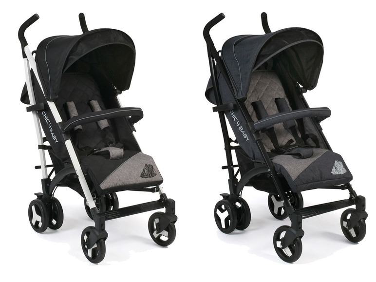Zwei Chicco Baby Kinderwagen in Schwarz und Grau.