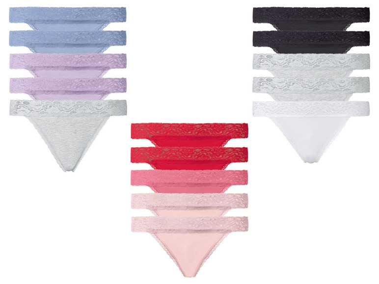 Sortiment an String-Unterwäsche mit Spitzendetails in verschiedenen Farben.